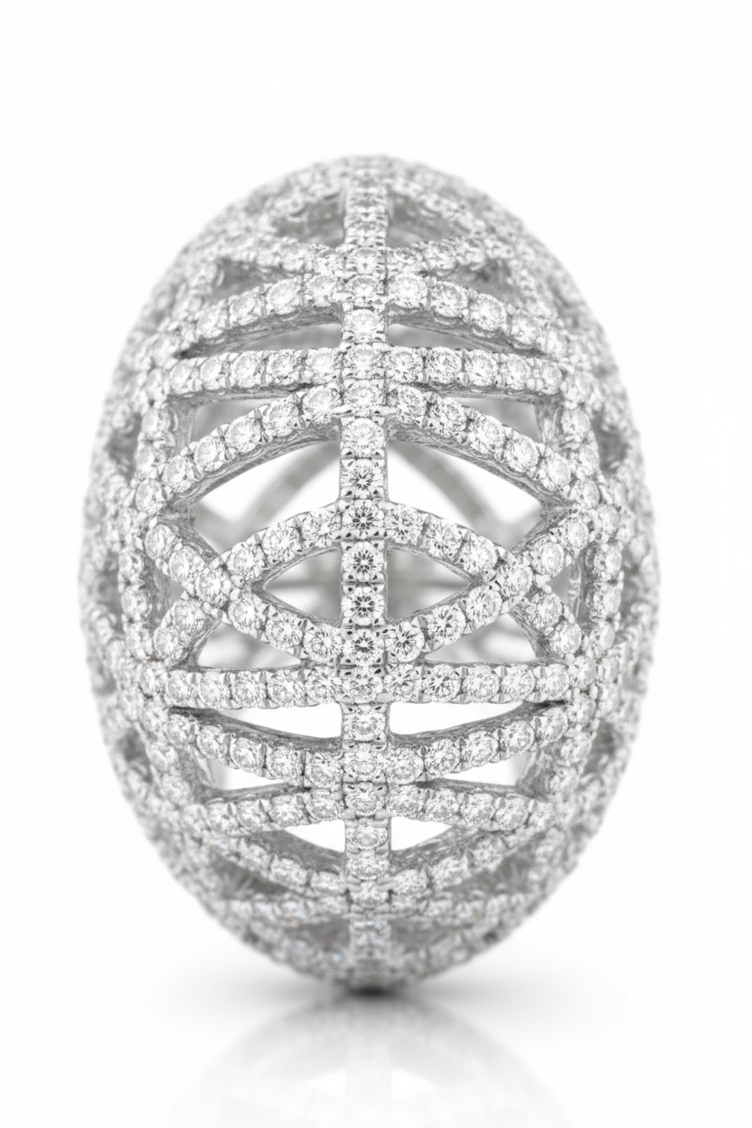 American Diamond Openwork Dome Ring in Rhodium-Plated Sterling Silver-Saleh Sallom