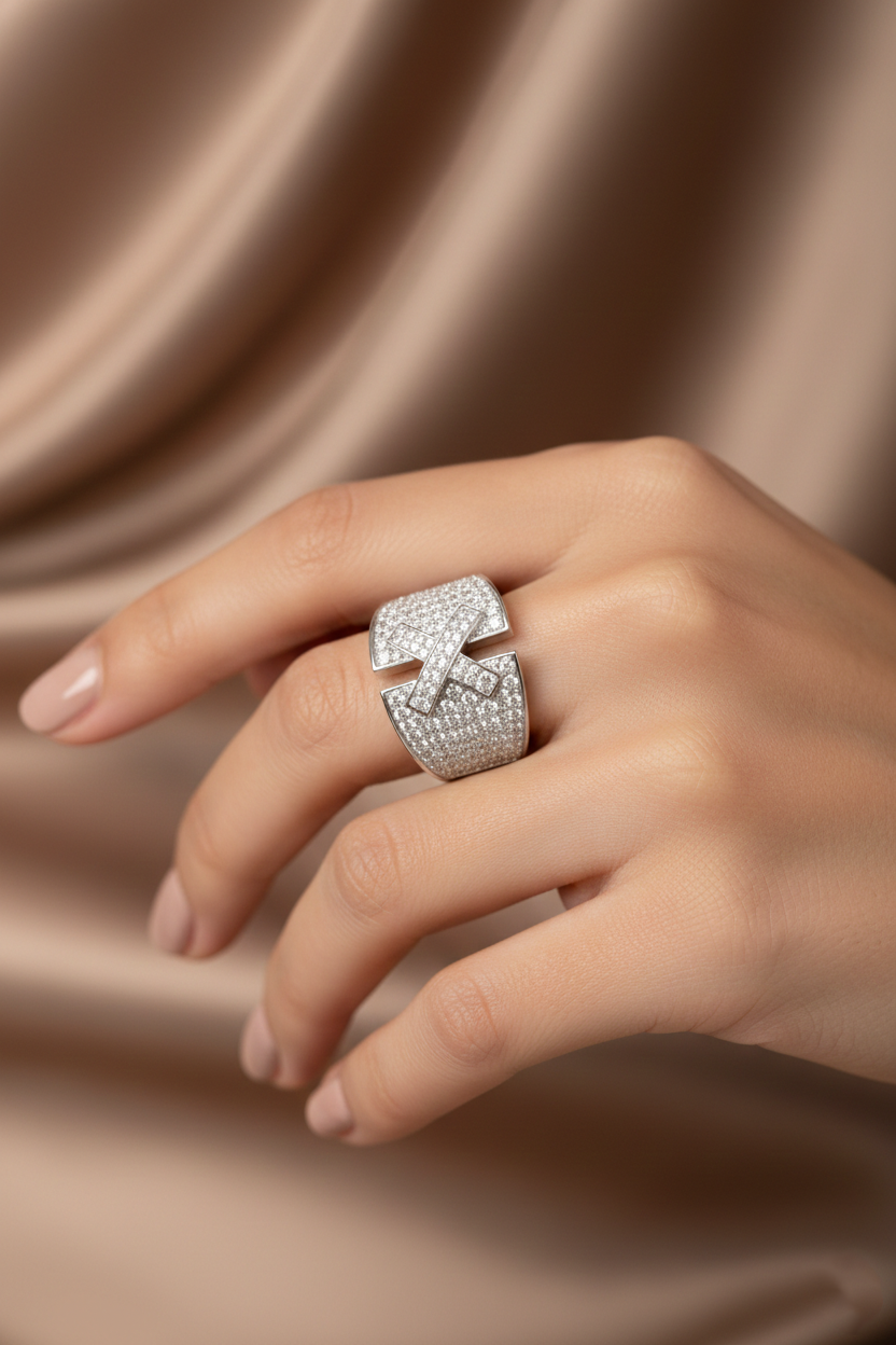 American Diamond Pavé Statement Ring in Rhodium-Plated Sterling Silver-Saleh Sallom