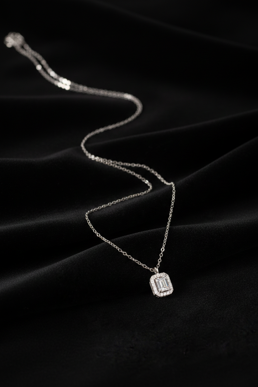 Emerald-Cut Diamond Halo Necklace in 18K White Gold-Saleh Sallom