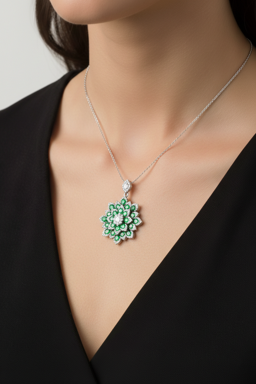 Floral Green Stone Cluster Pendant with American Diamonds in Rhodium-Plated Sterling Silver-Saleh Sallom