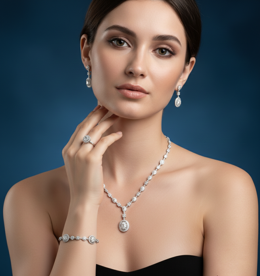 Royal Oval Halo American Diamond Jewelry Set Rhodium-Plated Sterling Silver-Saleh Sallom