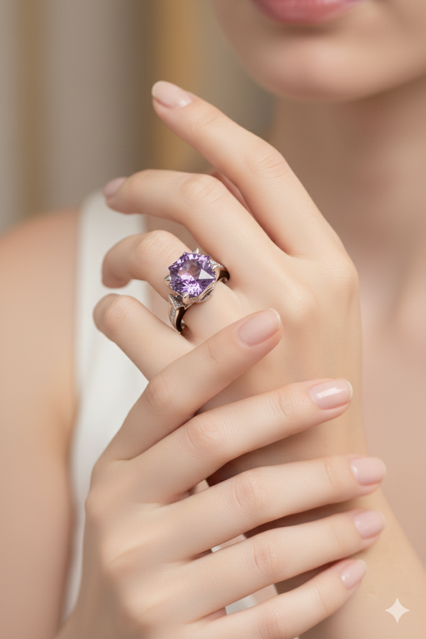 IGI Certified Natural Amethyst & Diamond Ring in 18K White Gold | 4.23 CT Fancy-Cut Amethyst-Saleh Sallom