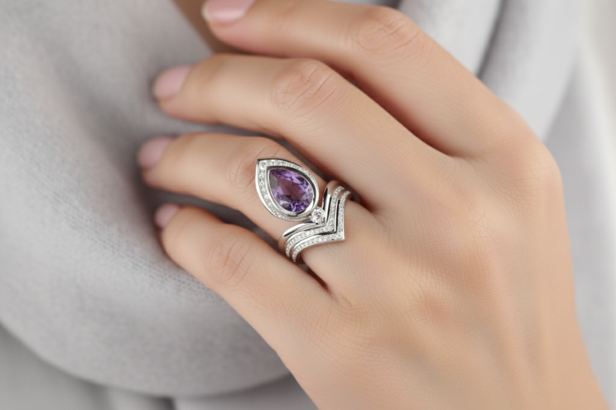 18K White Gold Amethyst & Diamond Ring – IGI Certified-Saleh Sallom