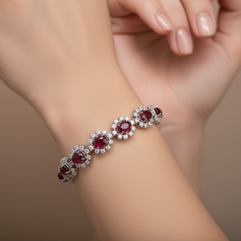 Oval Ruby & 4.00 CT Diamond Halo Bracelet in White Gold-Saleh Sallom