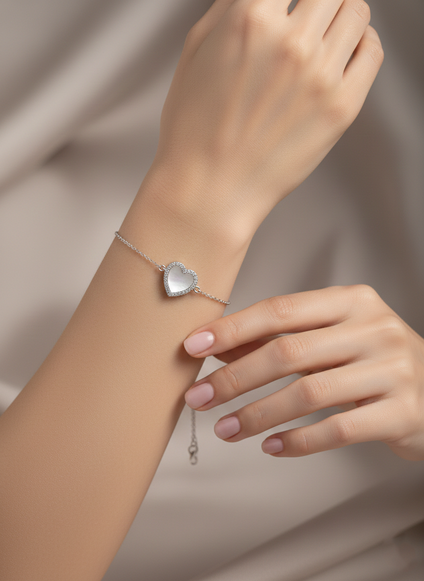 Heart American Diamond Bracelet in Rhodium-Plated Sterling Silver-Saleh Sallom