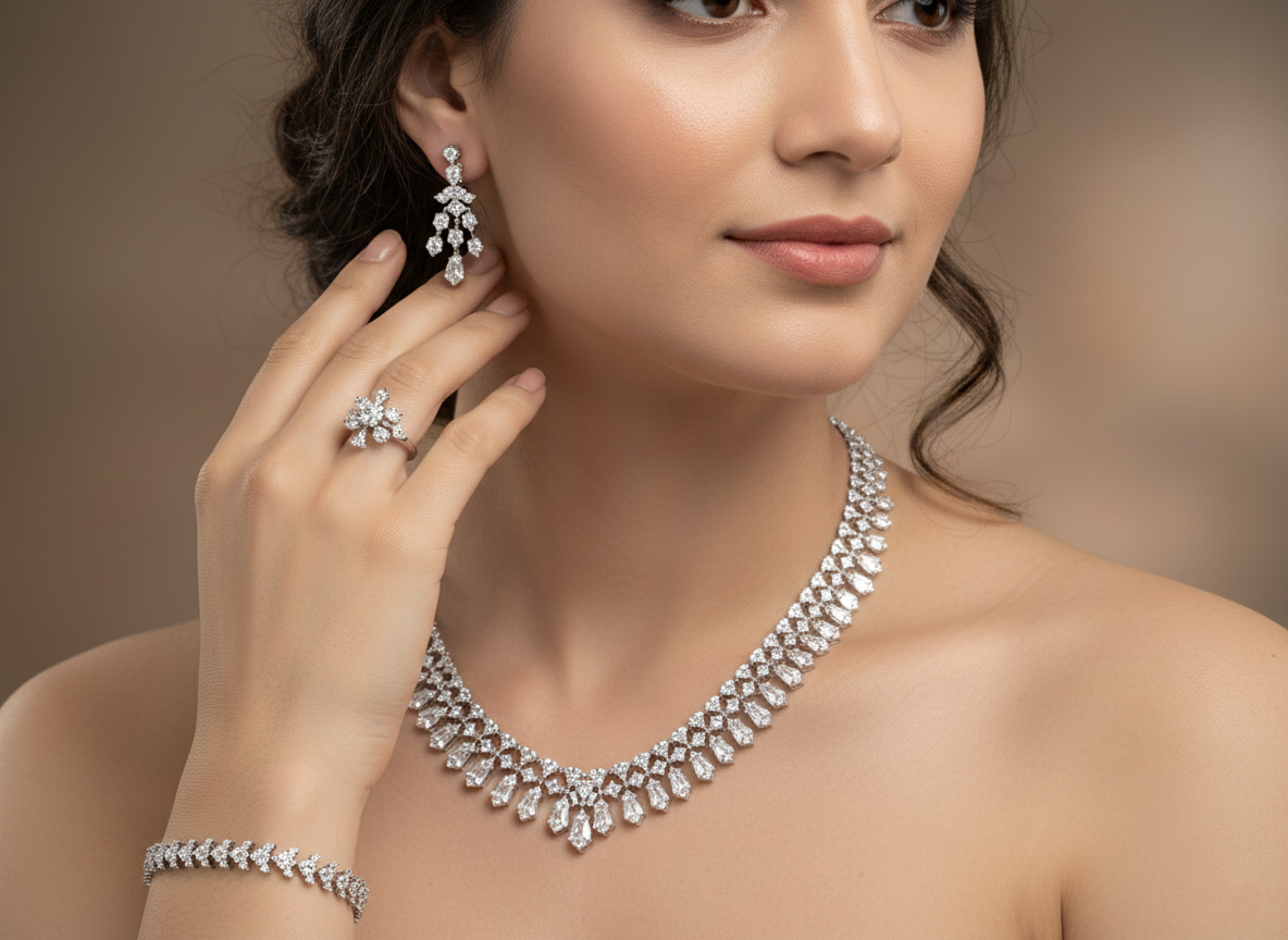 Celestia Teardrop American Diamond Jewelry Set Rhodium-Plated Sterling Silver-Saleh Sallom