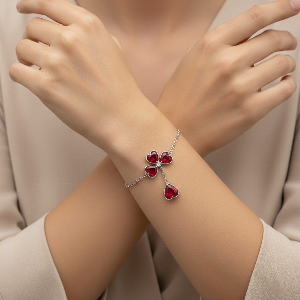 Red Heart Gemstone Clover Bracelet in White Gold | Romantic Luxury | Saleh Sallom-Saleh Sallom