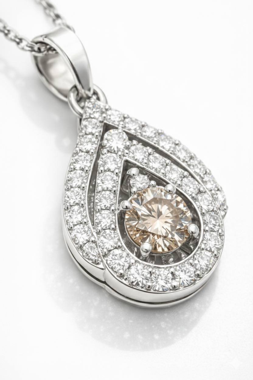 Teardrop Brown Diamond Halo Pendant Necklace in 18K White Gold-Saleh Sallom Main image