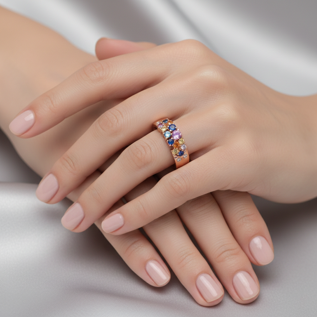 Multicolor Gemstone & Diamond Band Ring in 18K Rose Gold-Saleh Sallom