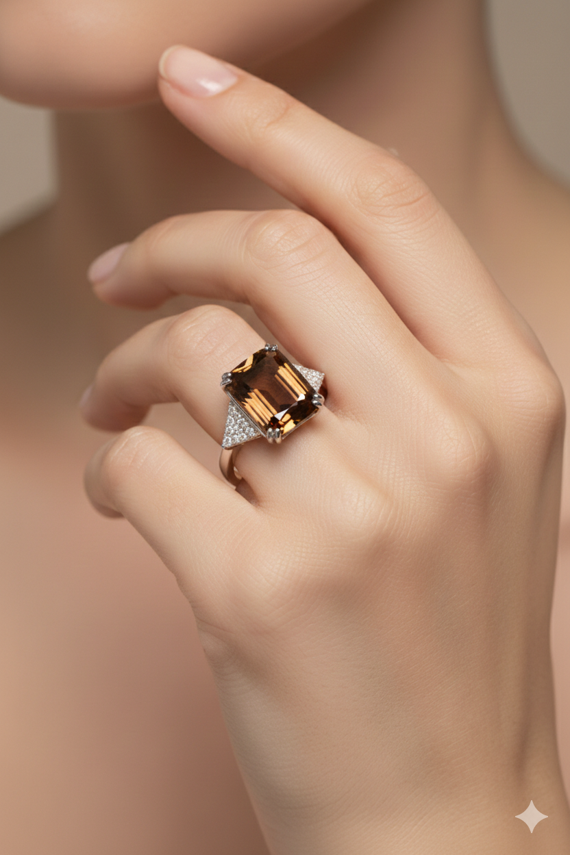 8.68 Carat Natural Emerald-Cut Topaz & Diamond Ring in 18K White Gold | IGI Certified | Saleh Sallom