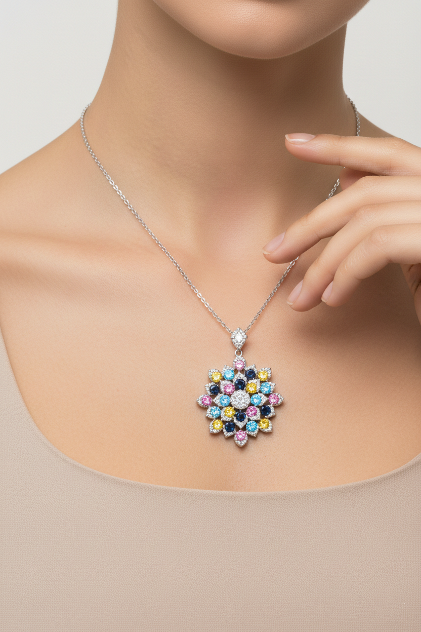 Multicolor Floral Cluster Pendant with American Diamonds in Rhodium-Plated Sterling Silver-Saleh Sallom