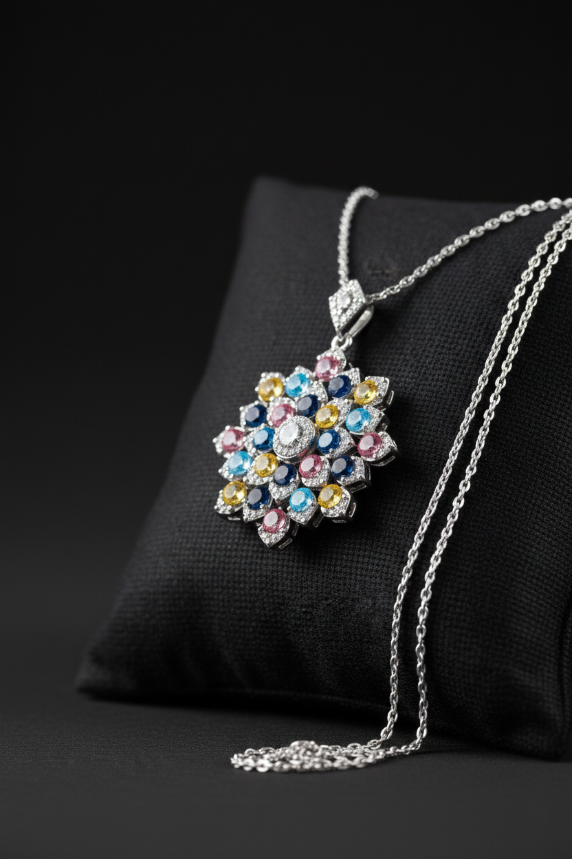 Multicolor Floral Cluster Pendant with American Diamonds in Rhodium-Plated Sterling Silver-Saleh Sallom