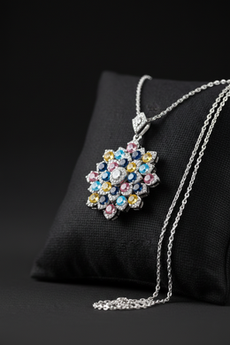 Multicolor Floral Cluster Pendant with American Diamonds in Rhodium-Plated Sterling Silver-Saleh Sallom