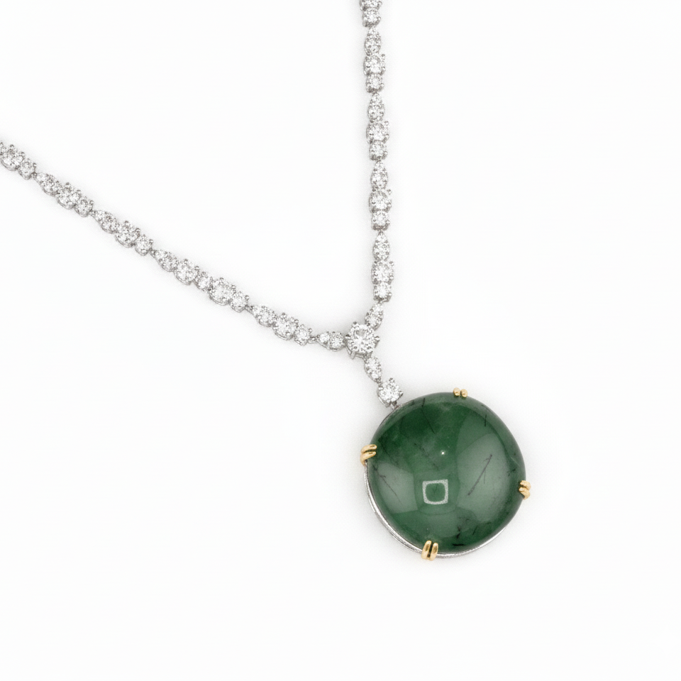 Natural Green Quartz & Diamond Statement Necklace | 48.53 CT Green Quartz | 4.20 CT Natural Diamonds | IGI Certified | 18K White Gold