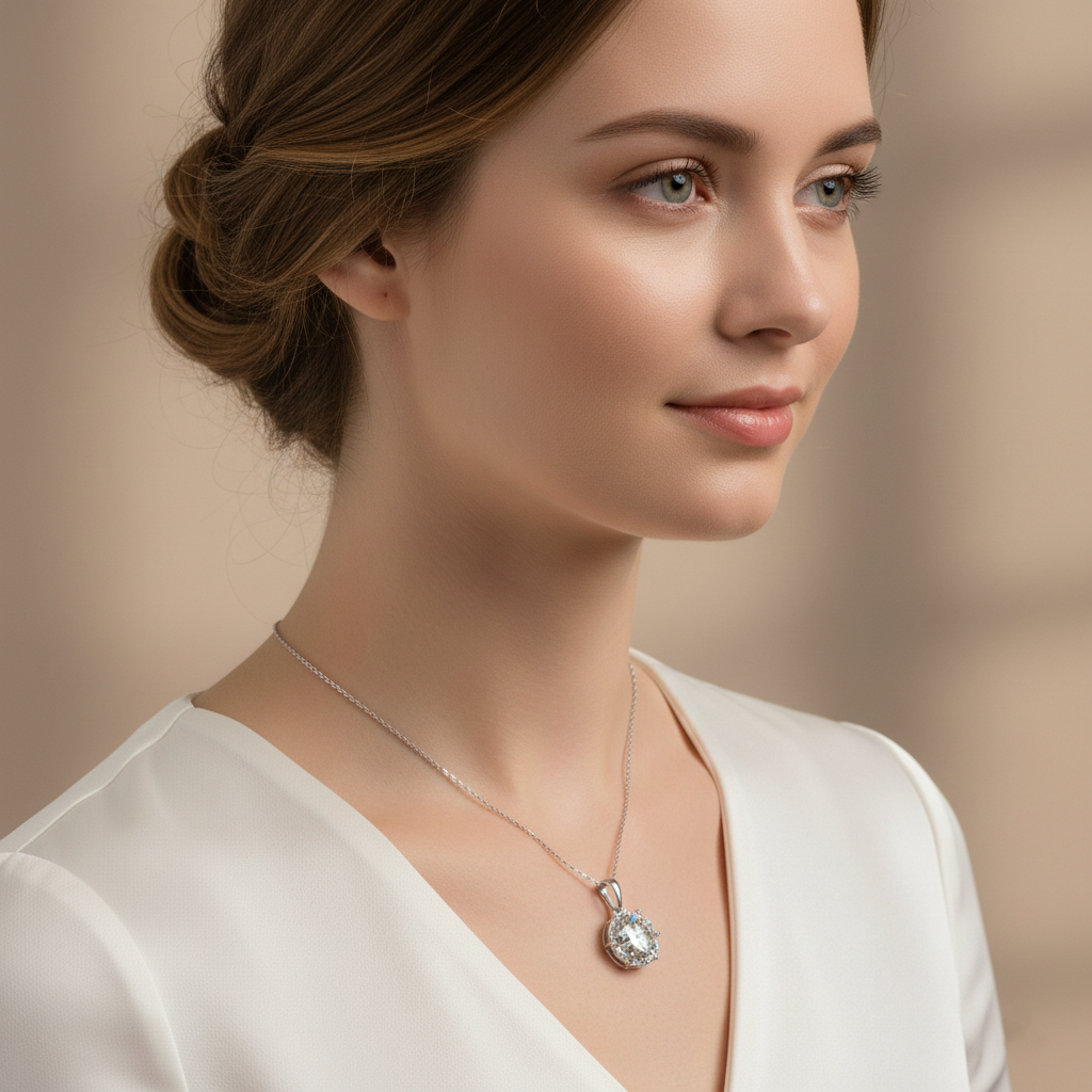 Round Brilliant Lab-Created Diamond Solitaire Pendant Necklace in 14K White Gold-Saleh Sallom