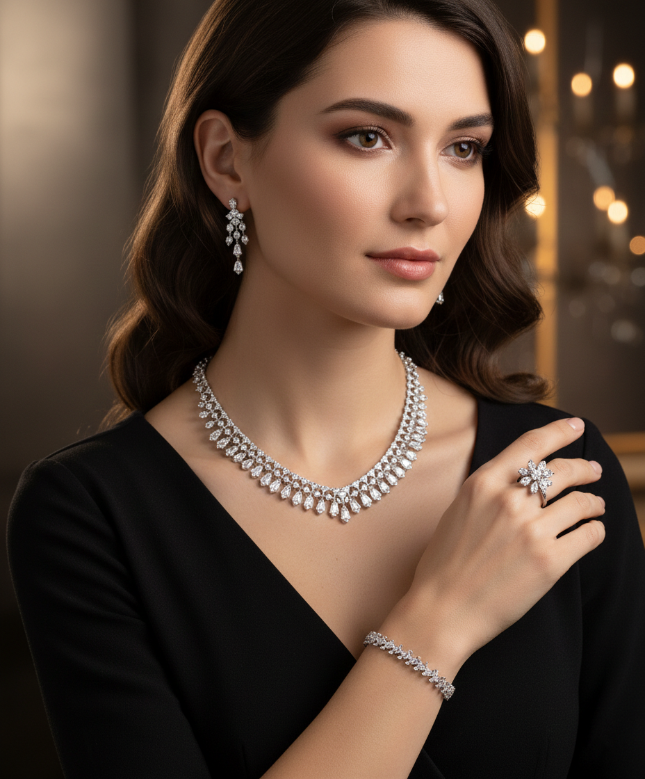 Celestia Teardrop American Diamond Jewelry Set Rhodium-Plated Sterling Silver Secondary image