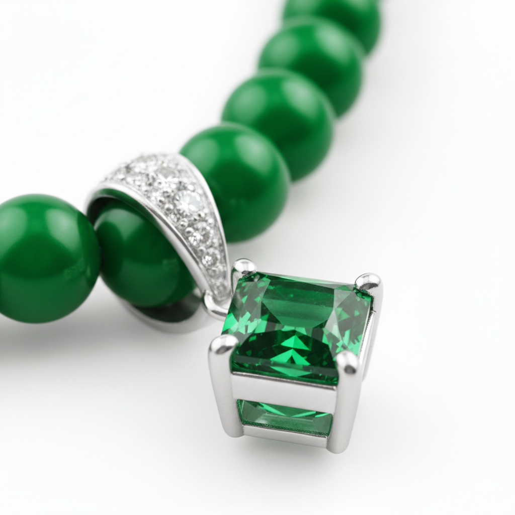 Green Bead Necklace with Square-Cut Green Gem Pendant in 18K White Gold-Saleh Sallom