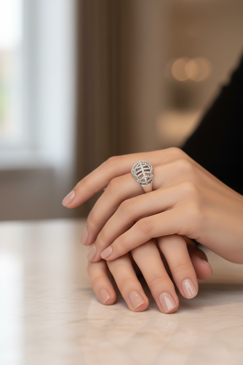 American Diamond Openwork Dome Ring in Rhodium-Plated Sterling Silver-Saleh Sallom
