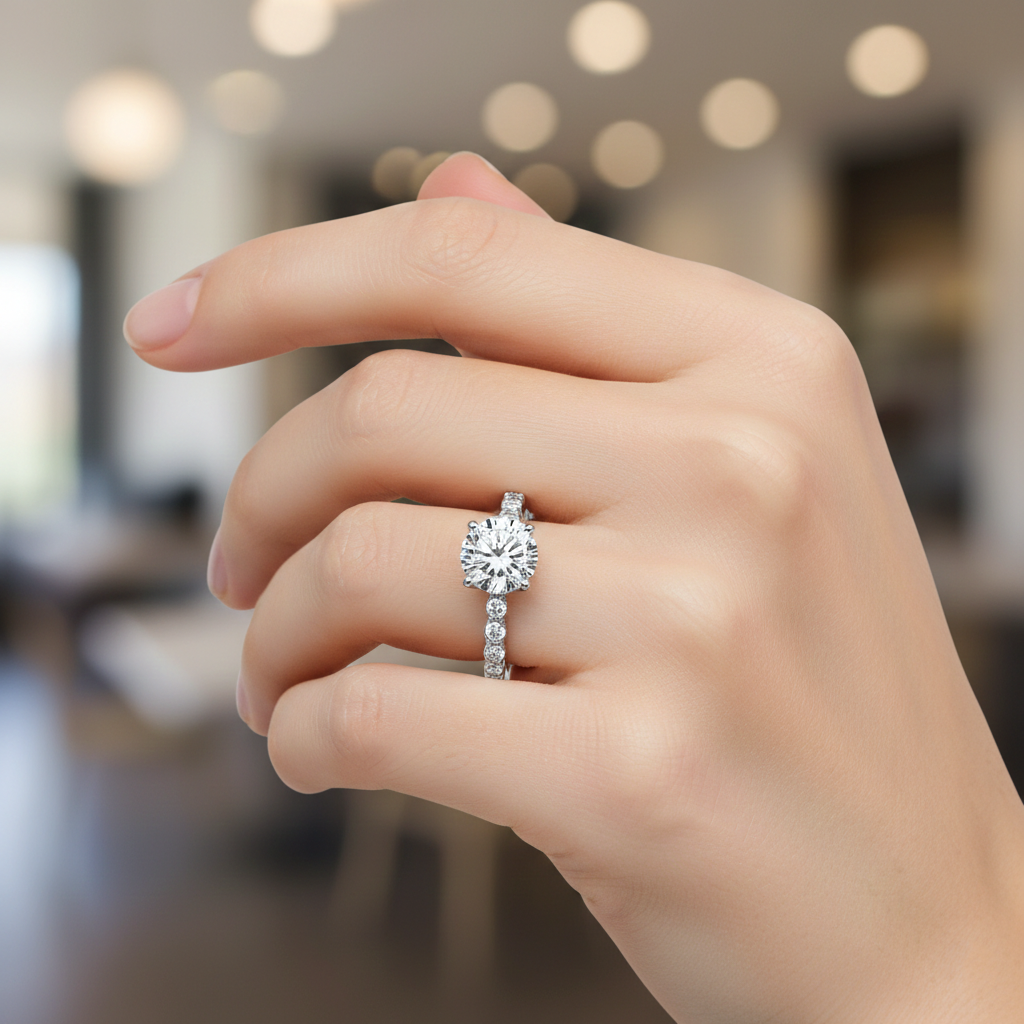Lab-Created Diamond Solitaire Ring with Pavé Band in 14K White Gold-Saleh Sallom