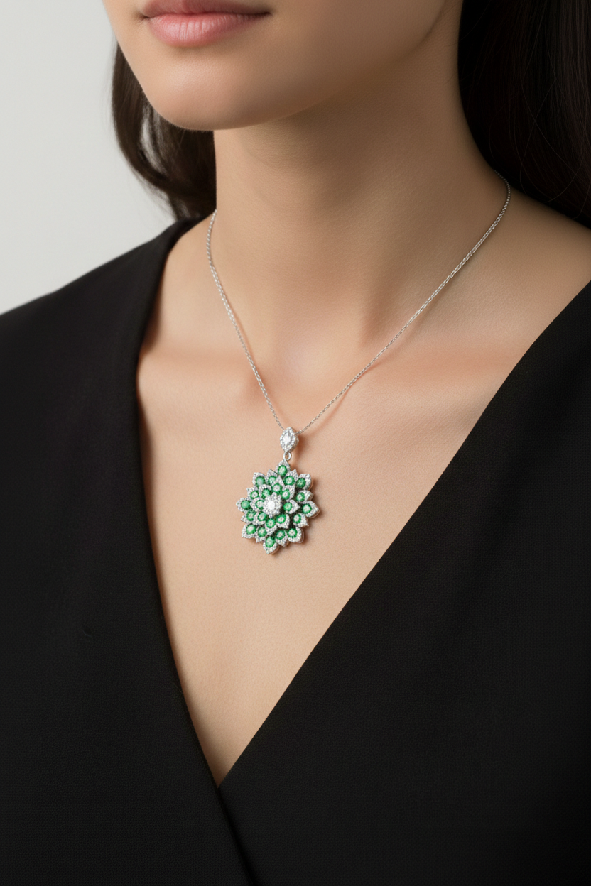 Floral Green Stone Cluster Pendant with American Diamonds in Rhodium-Plated Sterling Silver-Saleh Sallom