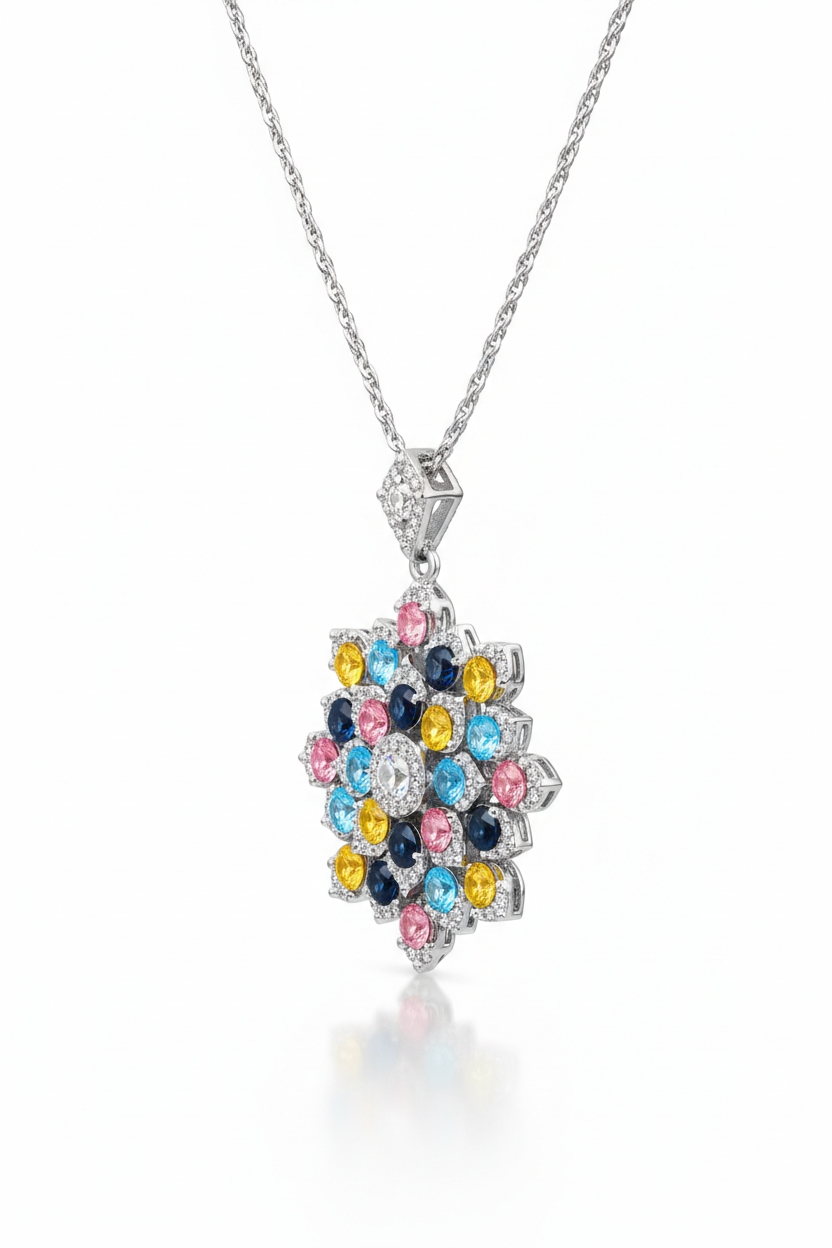 Multicolor Floral Cluster Pendant with American Diamonds in Rhodium-Plated Sterling Silver-Saleh Sallom