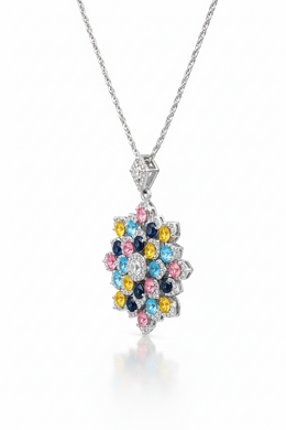 Multicolor Floral Cluster Pendant with American Diamonds in Rhodium-Plated Sterling Silver-Saleh Sallom