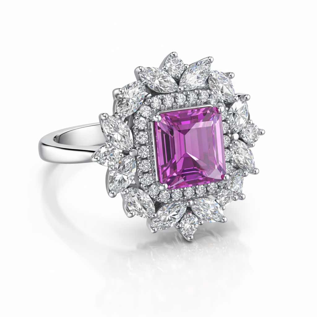 Pink Sapphire & Diamond Floral Halo Ring in 18K White Gold-Saleh Sallom