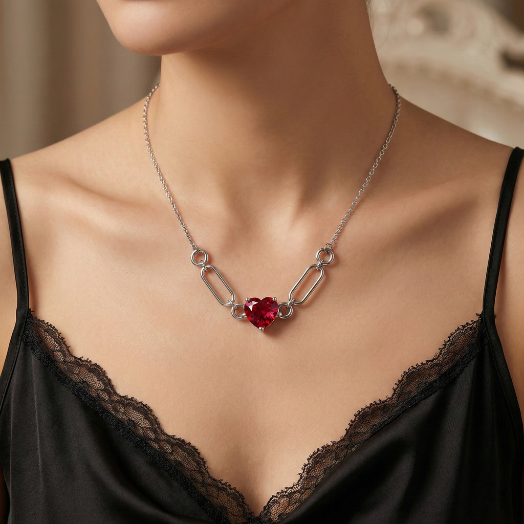 Red Heart Gemstone Necklace in White Gold | 3.41 Carat | Modern Link Design | Saleh Sallom-Saleh Sallom