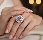 4.85 Carat Emerald-Cut Pink Lab Sapphire Halo Ring with 1.93ct Diamond Cluster in 18K White Gold | Saleh Sallom-Saleh Sallom