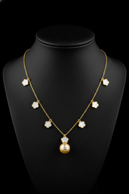 Diamond & Pearl Clover Necklace in 18K Yellow Gold-Saleh Sallom
