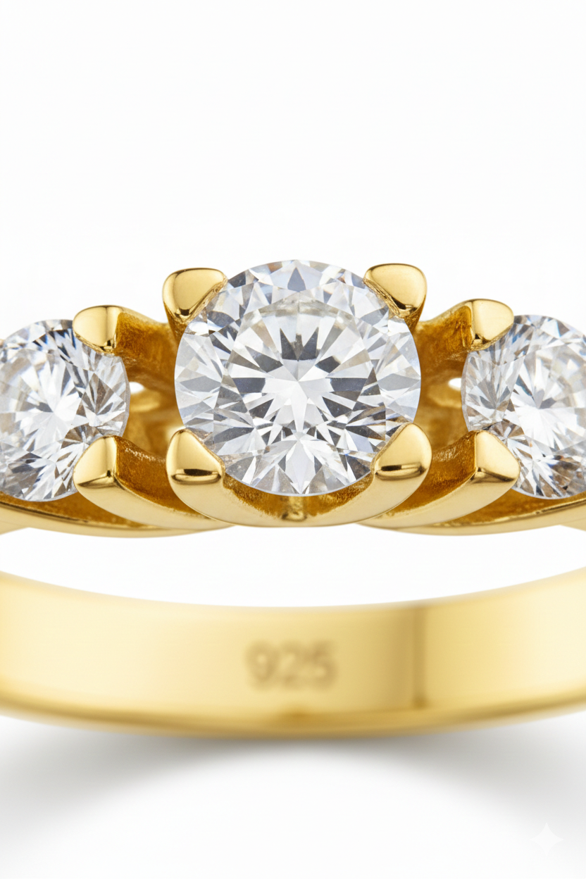 American Diamond Three-Stone Ring in Yellow Gold Finish-Saleh Sallom
