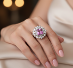 4.85 Carat Emerald-Cut Pink Lab Sapphire Halo Ring with 1.93ct Diamond Cluster in 18K White Gold | Saleh Sallom-Saleh Sallom