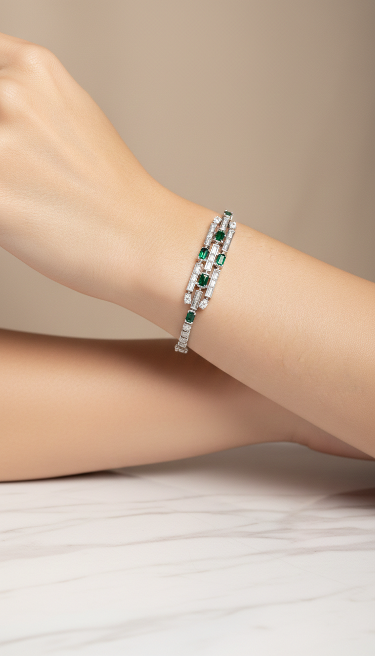 Emerald-Green Square-Cut American Diamond Link Bracelet in Rhodium-Plated Sterling Silver Secondary image