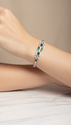 Emerald-Green Square-Cut American Diamond Link Bracelet in Rhodium-Plated Sterling Silver-Saleh Sallom
