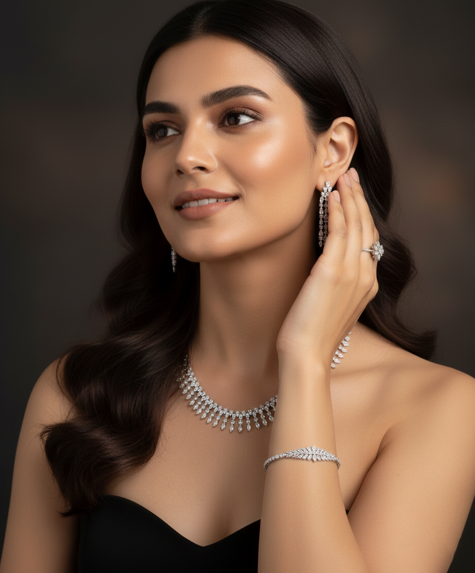 Leaf Elegance American Diamond Jewelry Set Rhodium-Plated Sterling Silver-Saleh Sallom