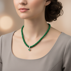 Green Bead Necklace with Square-Cut Green Gem Pendant in 18K White Gold-Saleh Sallom