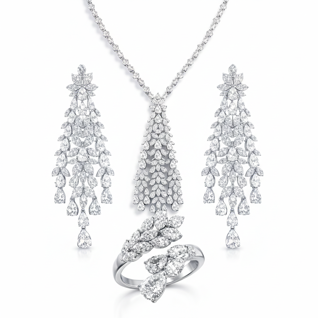 Floral Cascade American Diamond Jewelry Set Rhodium-Plated Sterling Silver-Saleh Sallom