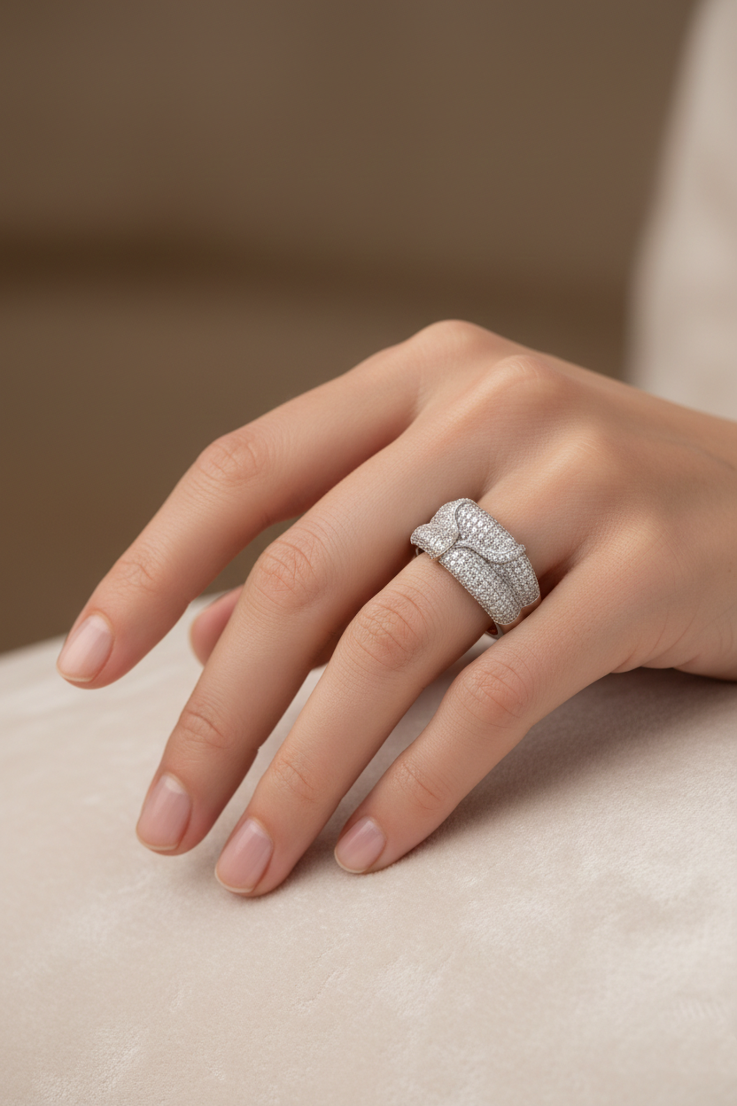 American Diamond Pavé Wide Ring in Rhodium-Plated Sterling Silver-Saleh Sallom