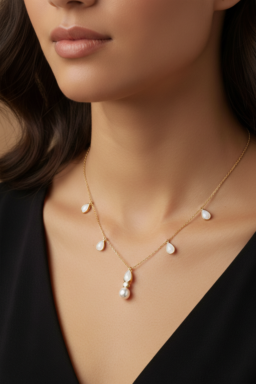 Diamond & Pearl Drop Necklace in 18K Yellow Gold