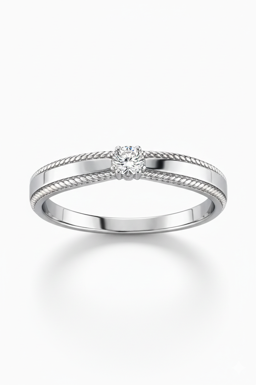 Classic Rope-Edge Solitaire Diamond Ring  White Gold with Natural Diamond-Saleh Sallom