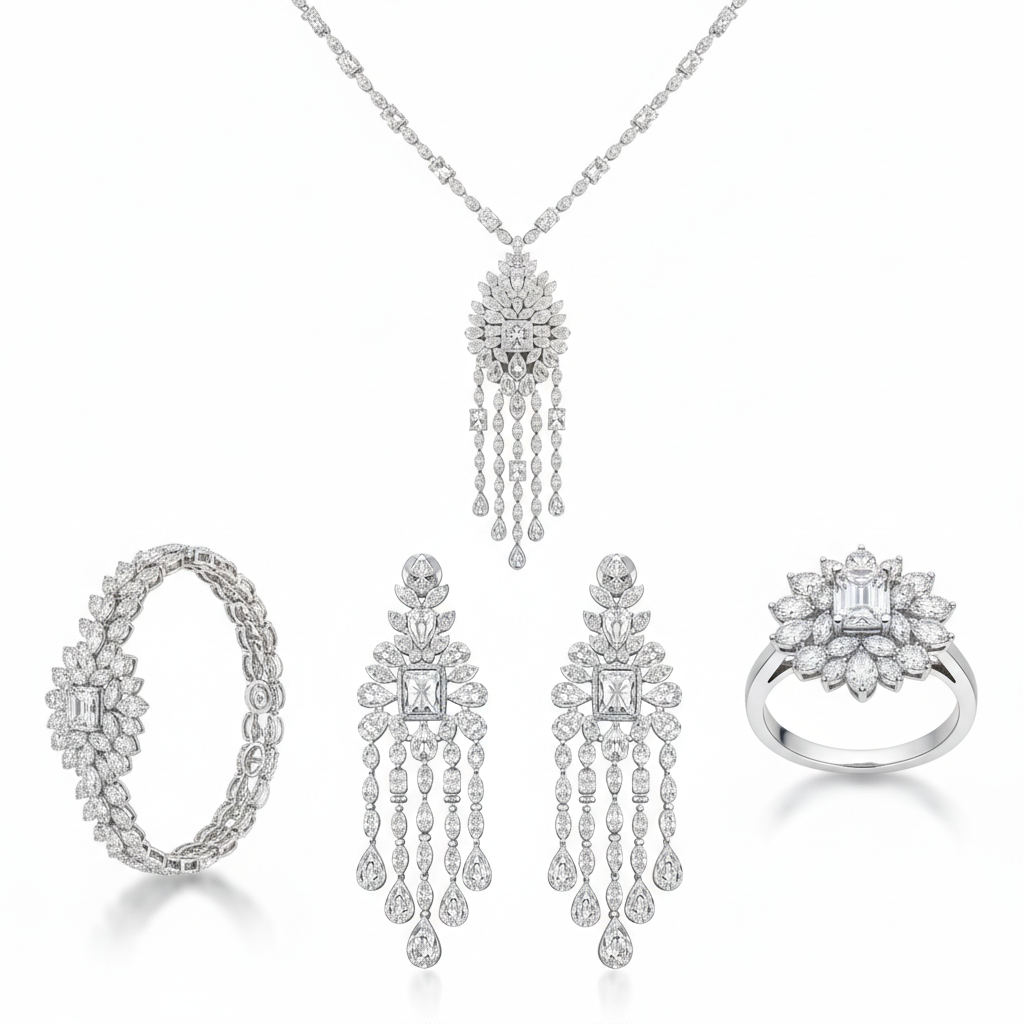 Imperial Cascade American Diamond Jewelry Set Rhodium-Plated Sterling Silver-Saleh Sallom