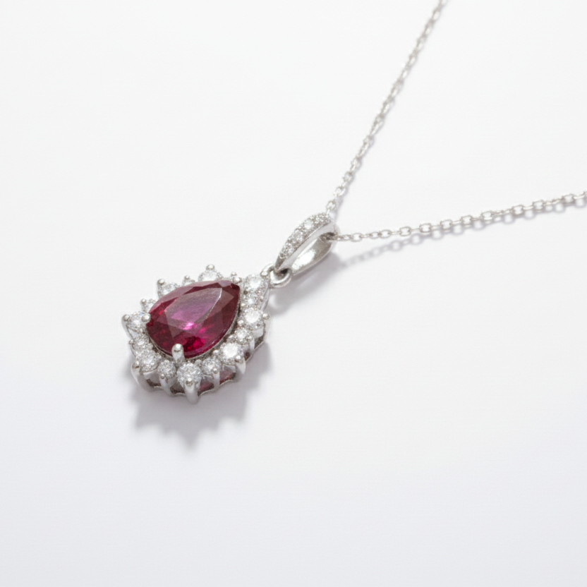 Pear-Shaped Ruby & Diamond Halo Necklace in 18K White Gold-Saleh Sallom