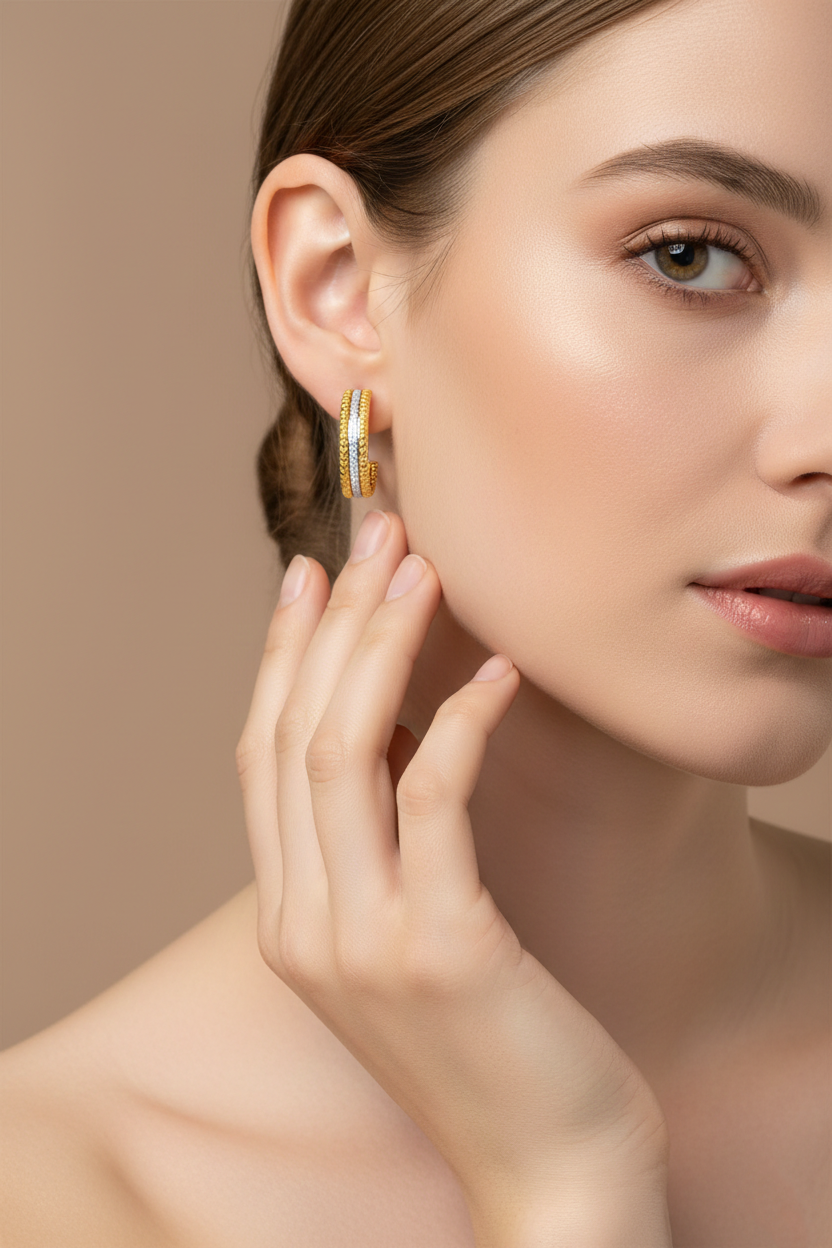 Gold-Plated Textured Hoop Earrings with Diamond-Dust Center Strip-Saleh Sallom