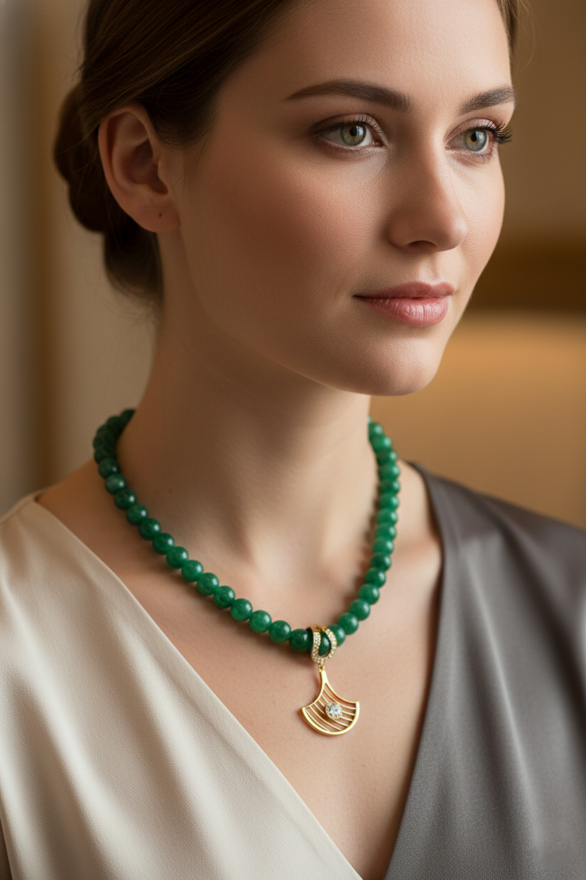 Natural Diamond Pendant Necklace with Green Bead Strand-Saleh Sallom