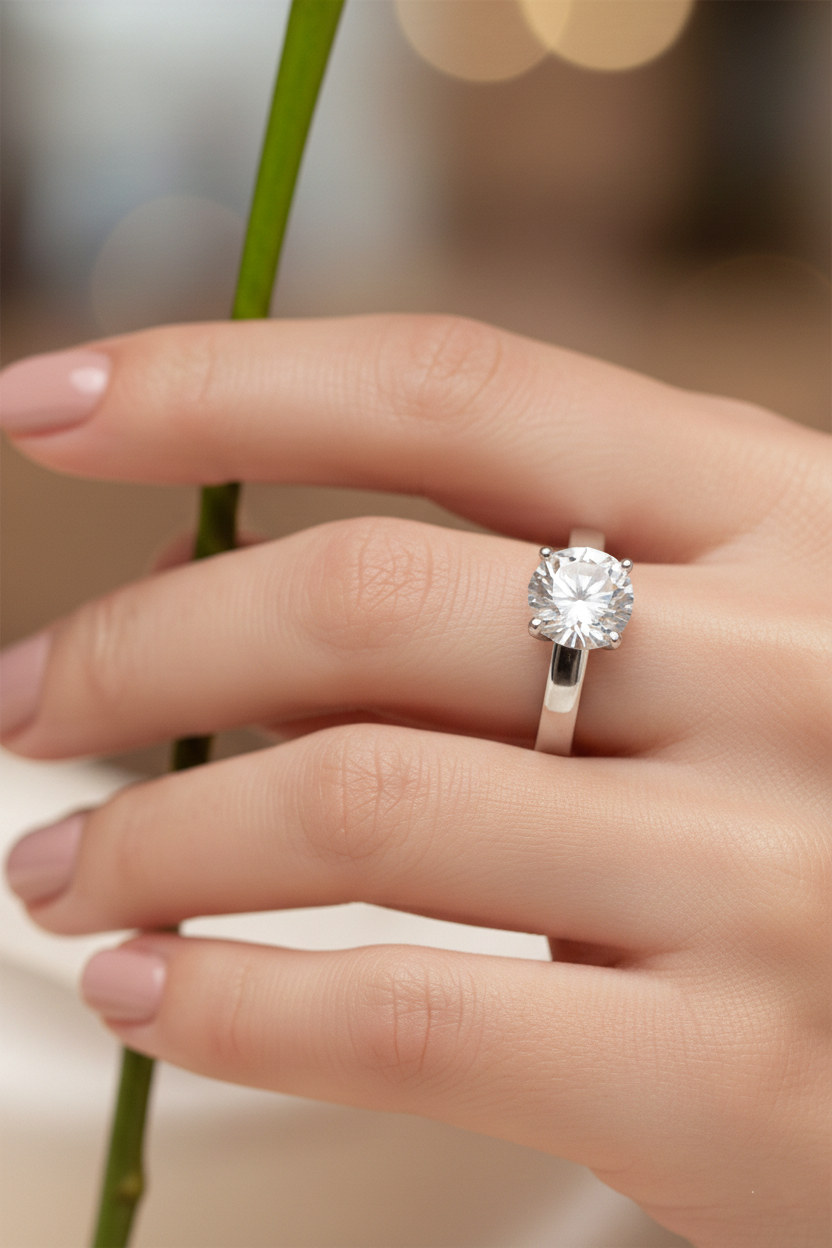 American Diamond Solitaire Ring in Rhodium-Plated Sterling Silver-Saleh Sallom