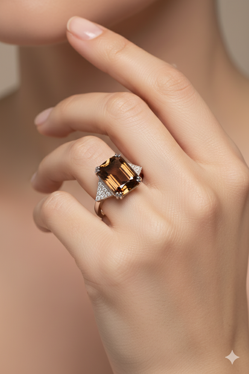 8.68 Carat Natural Emerald-Cut Topaz & Diamond Ring in 18K White Gold | IGI Certified | Saleh Sallom