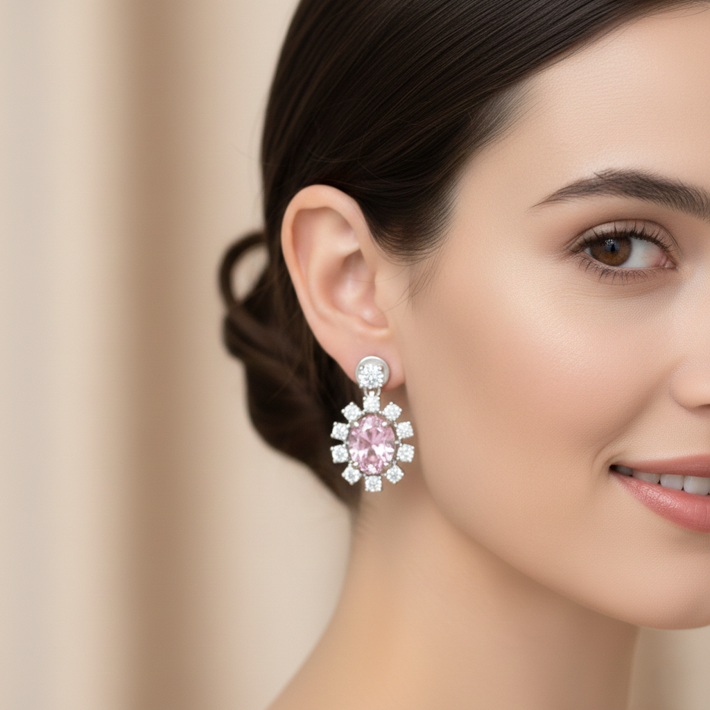 Pink Gemstone & Diamond Floral Drop Earrings in 18K White Gold-Saleh Sallom