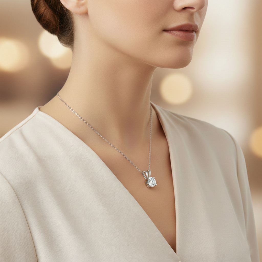 Round Lab-Created Diamond Solitaire Necklace in 14K White Gold-Saleh Sallom