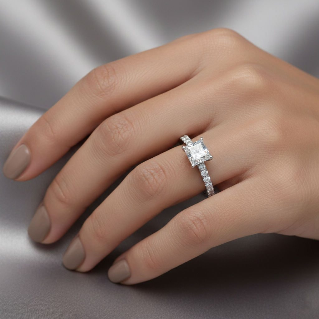 Luxury Princess Cut Diamond Ring with Pavé Band | 1.25 Carat | White Gold | Saleh Sallom-Saleh Sallom