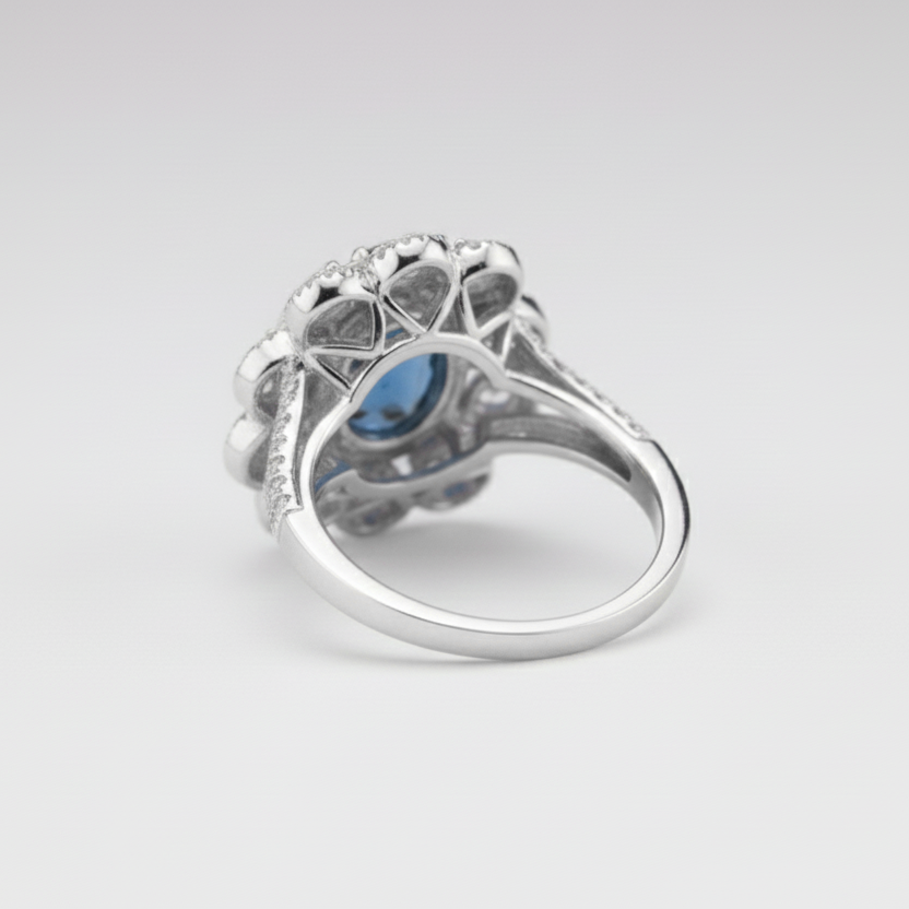 White Gold Diamond Halo Ring with Deep Blue Center Stone – IGI Certified-Saleh Sallom